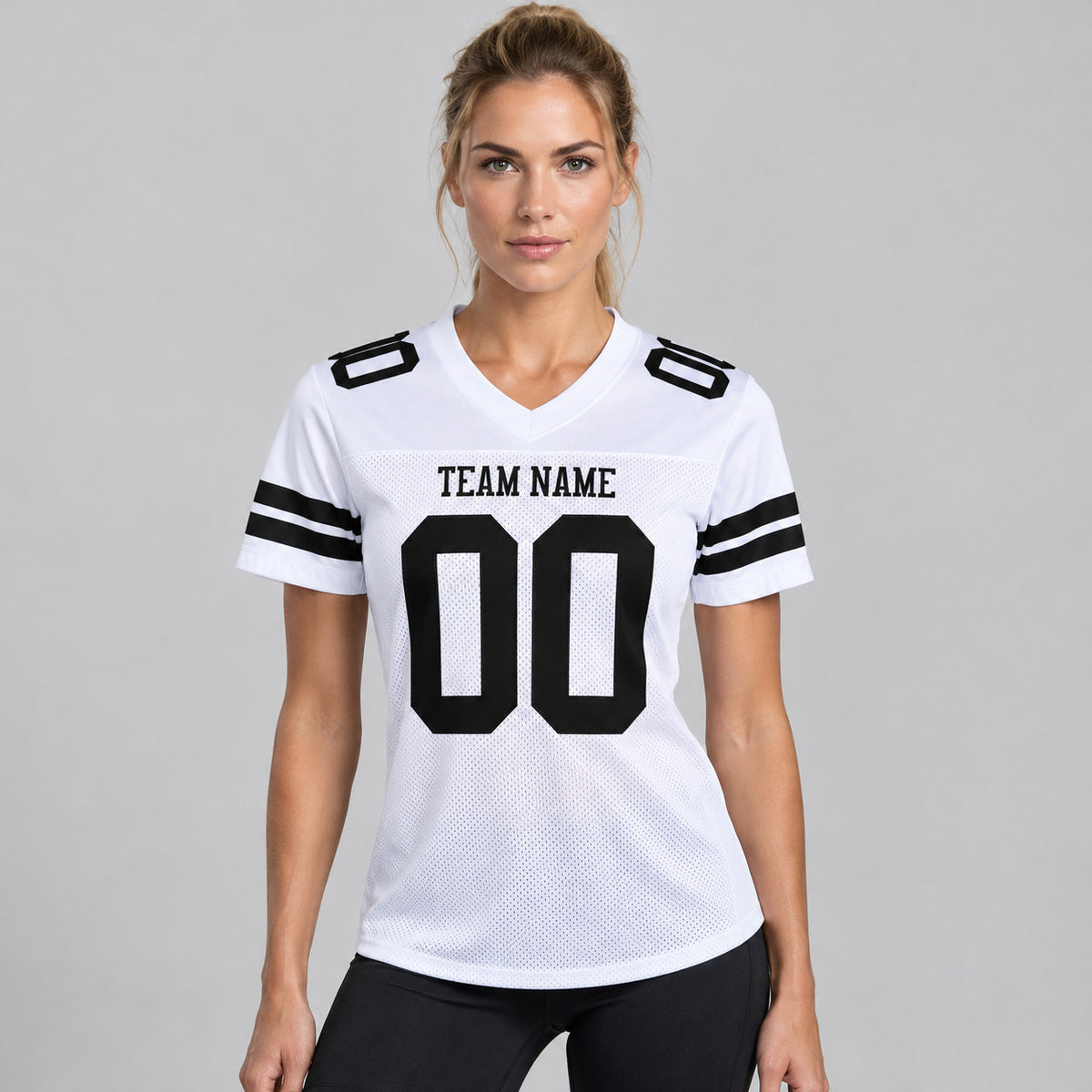 Custom White Mesh Authentic Football Jersey with Black Lettering Design 0635 worn by female model