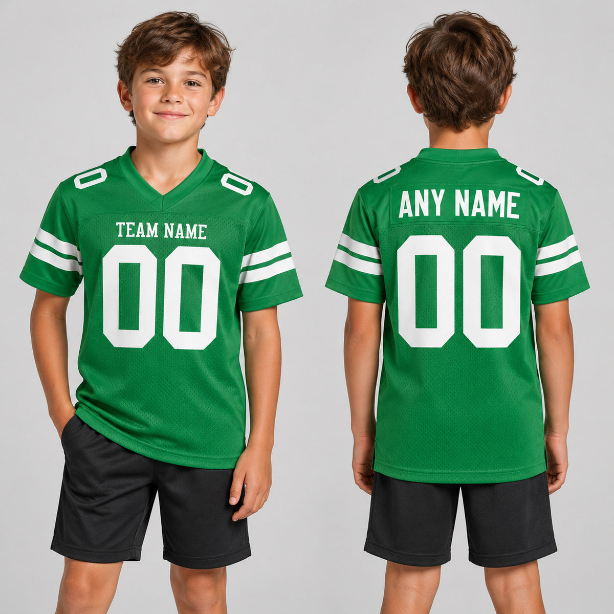 Custom Grass Green Mesh Authentic Football Jersey with White Lettering youth size worn by child model