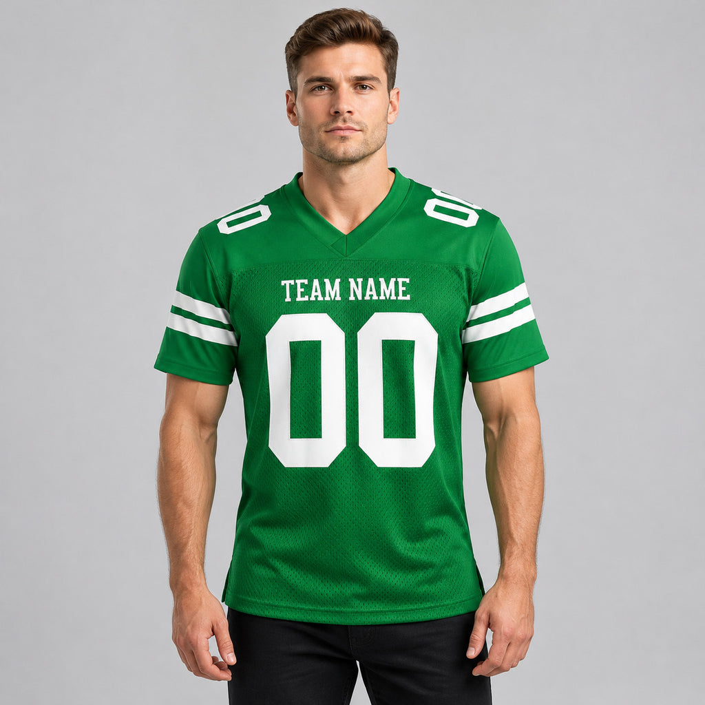Custom Grass Green Mesh Authentic Football Jersey with White Lettering worn by male model