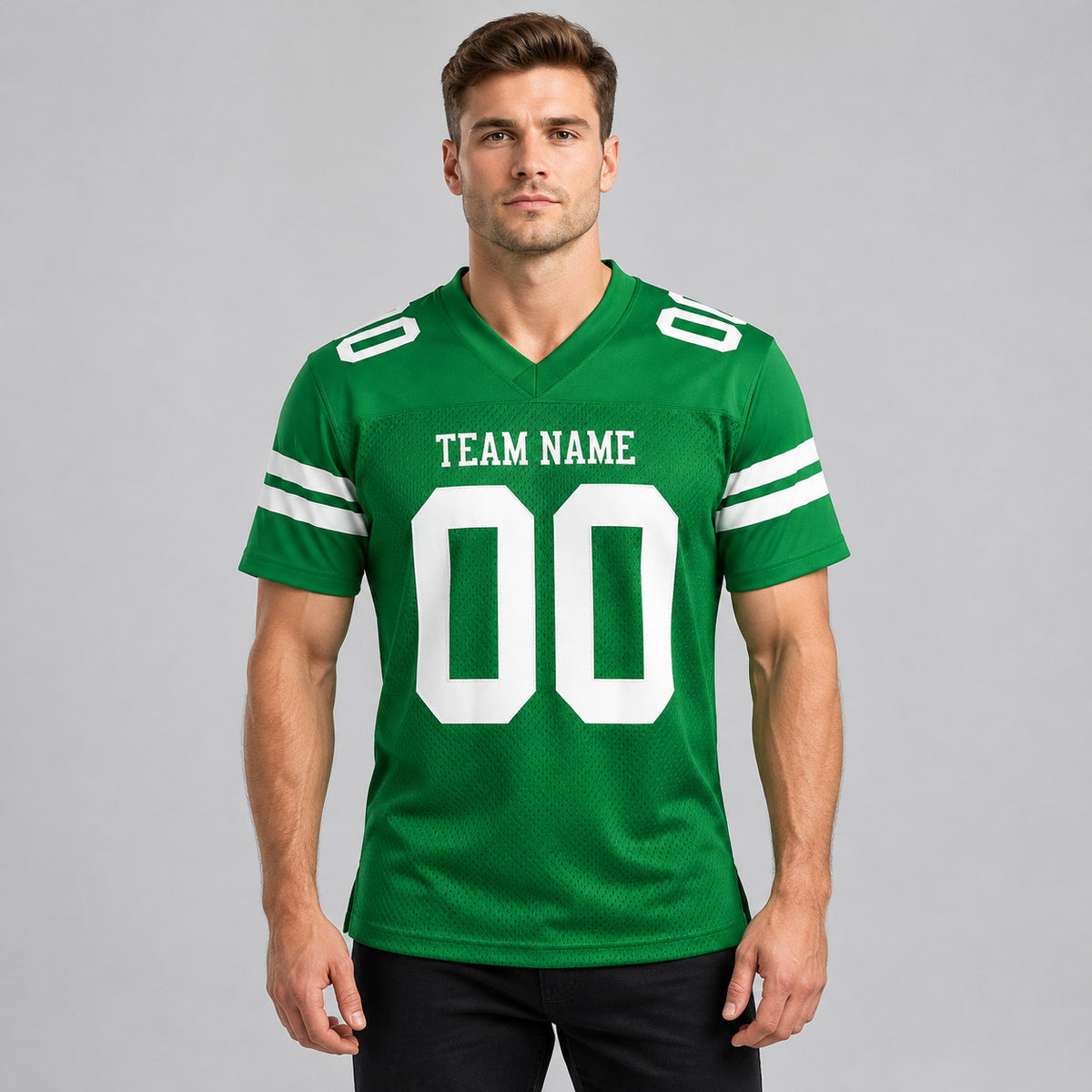 Custom Grass Green Mesh Authentic Football Jersey with White Lettering worn by male model