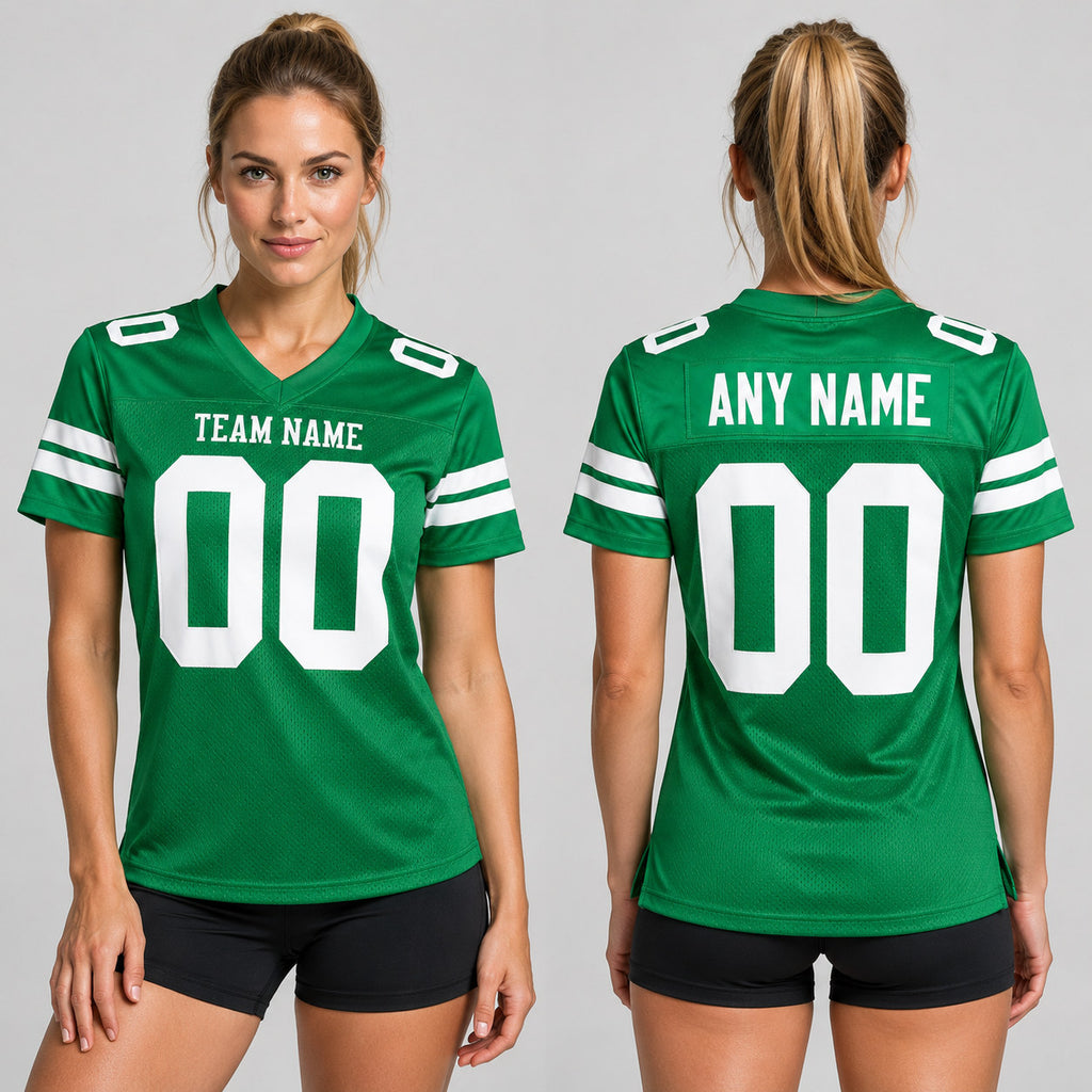 Custom Grass Green Mesh Authentic Football Jersey with White Lettering worn by female model