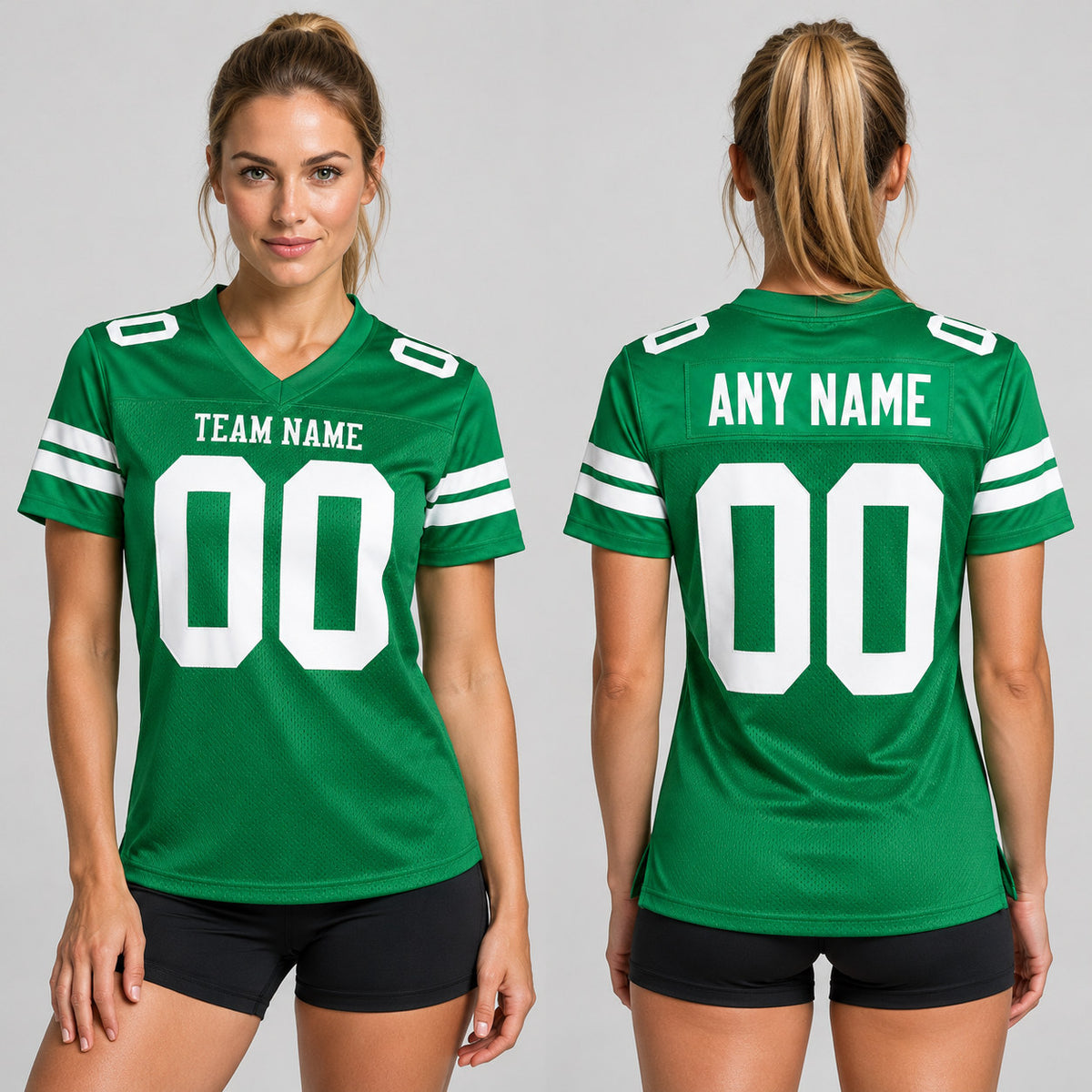 Custom Grass Green Mesh Authentic Football Jersey with White Lettering worn by female model