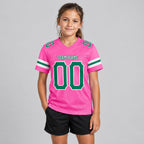 Custom Pink Mesh Authentic Football Jersey with Kelly Green and White Lettering Design 0090 youth size worn by child model