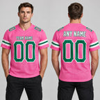 Custom Pink Mesh Authentic Football Jersey with Kelly Green and White Lettering Design 0090 worn by male model