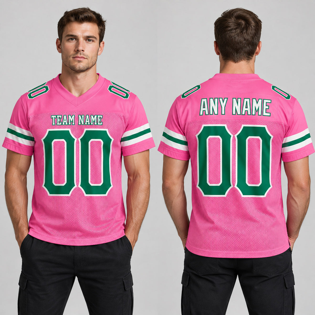 Custom Pink Mesh Authentic Football Jersey with Kelly Green and White Lettering Design 0090 worn by male model