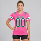 Custom Pink Mesh Authentic Football Jersey with Kelly Green and White Lettering Design 0090 worn by female model