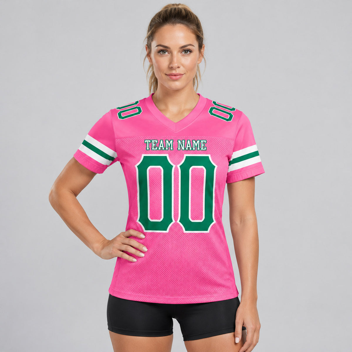Custom Pink Mesh Authentic Football Jersey with Kelly Green and White Lettering Design 0090 worn by female model