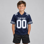 Custom Navy Mesh Authentic Football Jersey with White Lettering Design 0462 youth size worn by child model