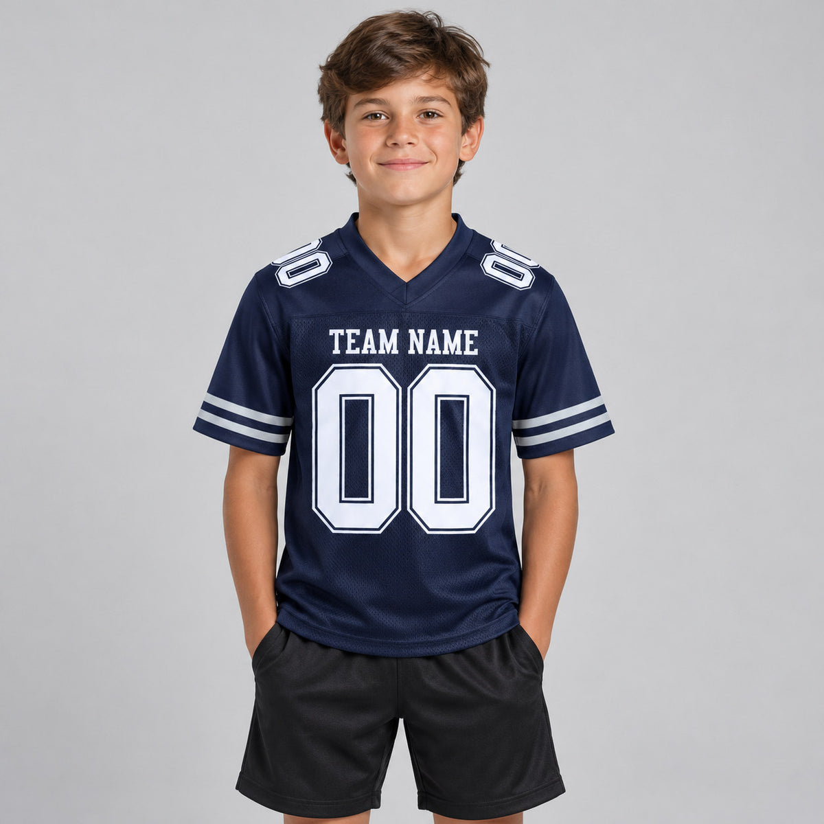 Custom Navy Mesh Authentic Football Jersey with White Lettering Design 0462 youth size worn by child model