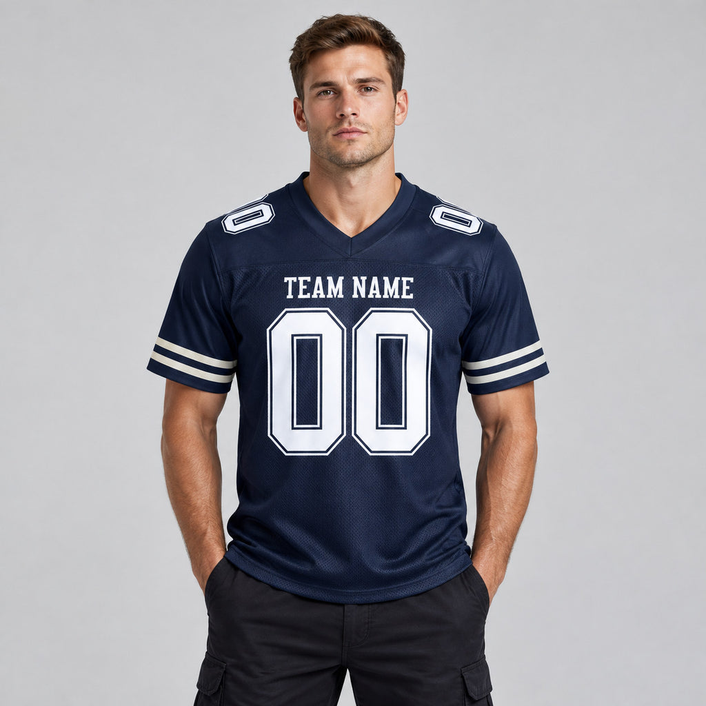 Custom Navy Mesh Authentic Football Jersey with White Lettering Design 0462 worn by male model