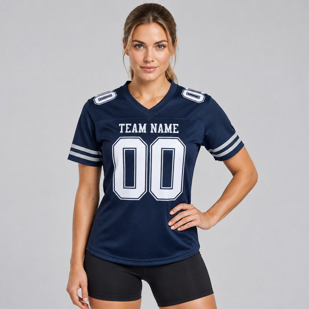 Custom Navy Mesh Authentic Football Jersey with White Lettering Design 0462 worn by female model