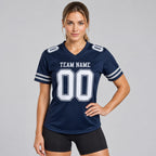 Custom Navy Mesh Authentic Football Jersey with White Lettering Design 0462 worn by female model