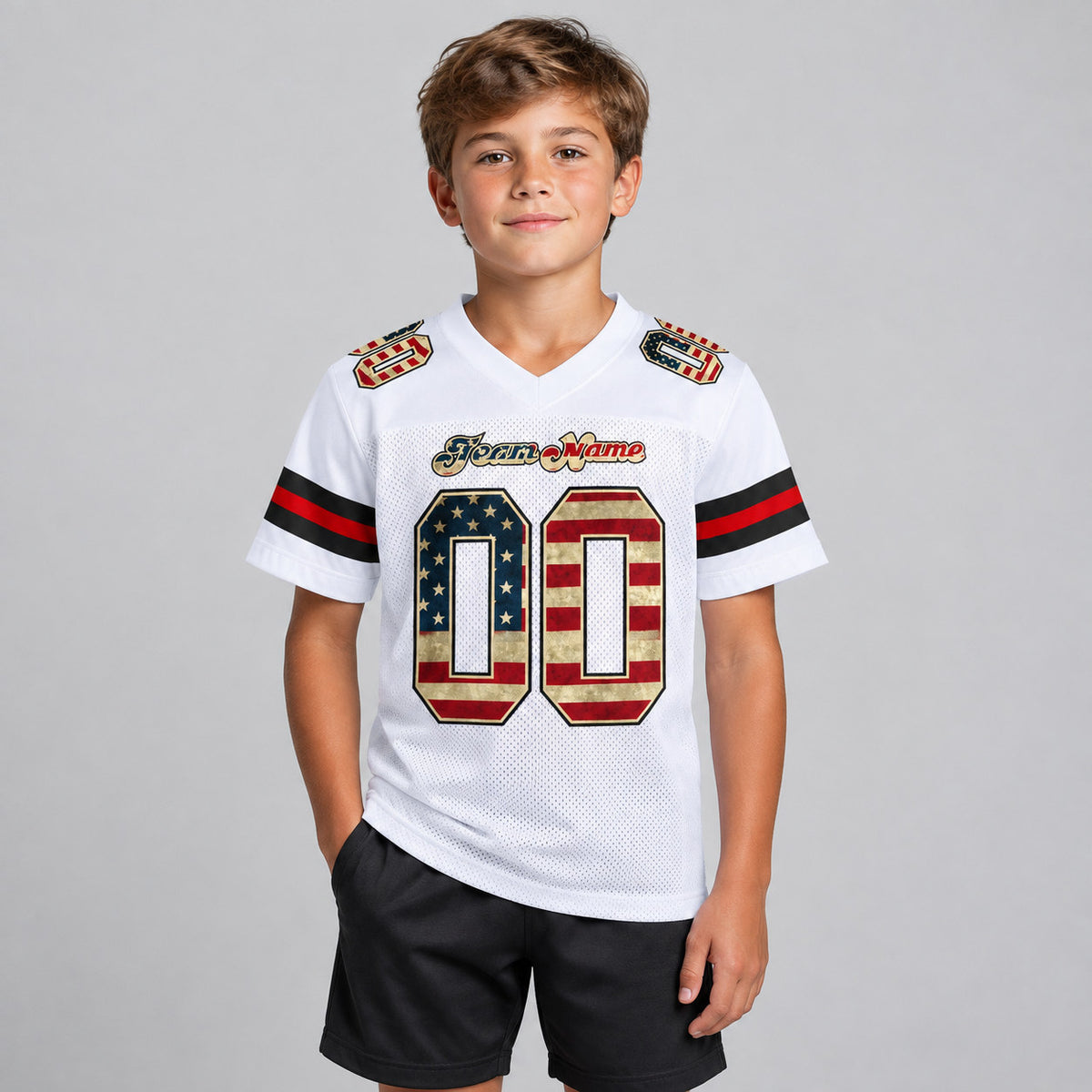 Custom White Vintage USA Flag Mesh Authentic Football Jersey with Black Lettering Design 0618 youth size worn by child model