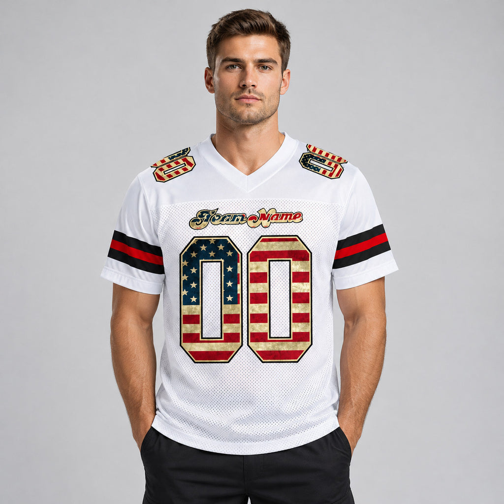 Custom White Vintage USA Flag Mesh Authentic Football Jersey with Black Lettering Design 0618 worn by male model