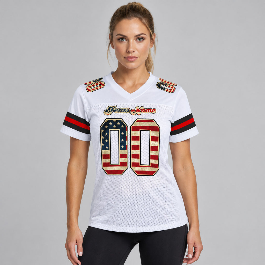 Custom White Vintage USA Flag Mesh Authentic Football Jersey with Black Lettering Design 0618 worn by female model