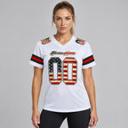 Custom White Vintage USA Flag Mesh Authentic Football Jersey with Black Lettering Design 0618 worn by female model