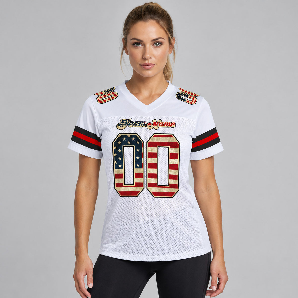 Custom White Vintage USA Flag Mesh Authentic Football Jersey with Black Lettering Design 0618 worn by female model