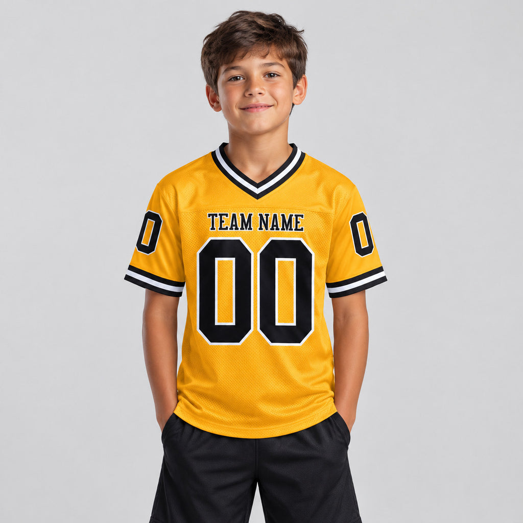Custom Gold Mesh Authentic Football Jersey with Black and White Lettering Design 0116 youth size worn by child model