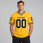 Custom Gold Mesh Authentic Football Jersey with Black and White Lettering Design 0116 worn by male model