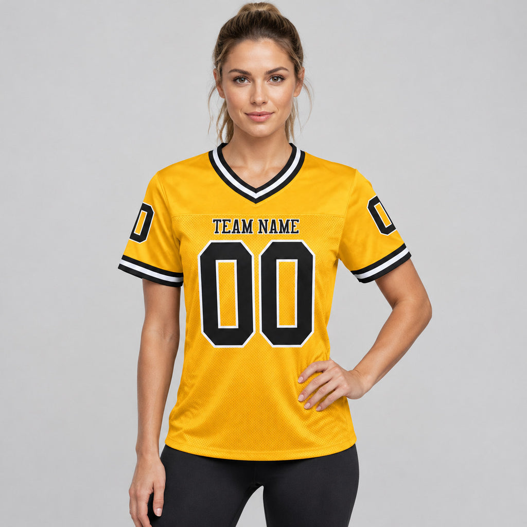 Custom Gold Mesh Authentic Football Jersey with Black and White Lettering Design 0116 worn by female model