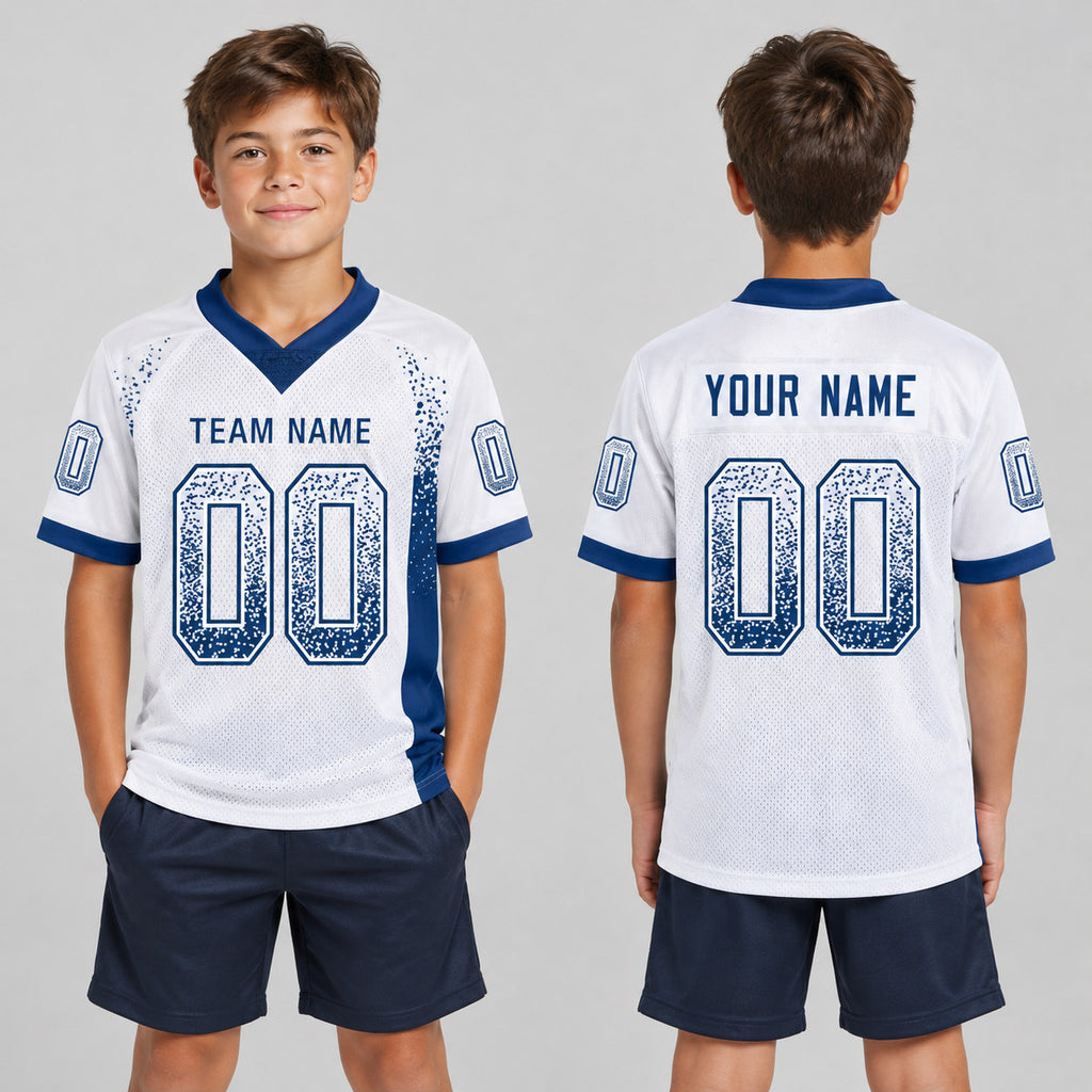 Custom White Drift Football Jersey with Royal Lettering youth size worn by child model
