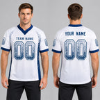 Custom White Drift Football Jersey with Royal Lettering worn by male model