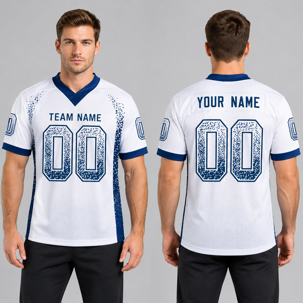 Custom White Drift Football Jersey with Royal Lettering worn by male model