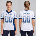 Custom White Drift Football Jersey with Royal Lettering worn by female model