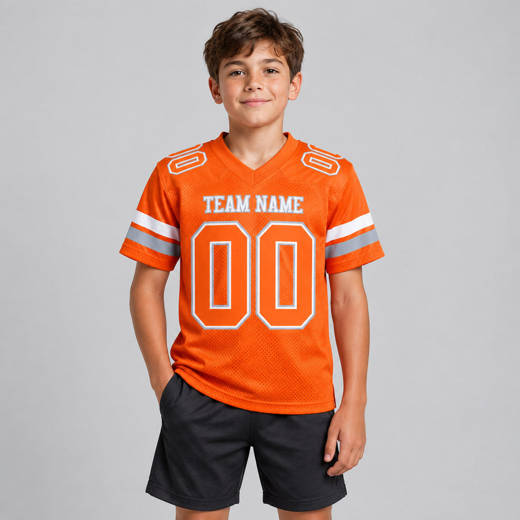 Custom Orange Mesh Authentic Football Jersey with White and Gray Lettering Design 0365 youth size worn by child model