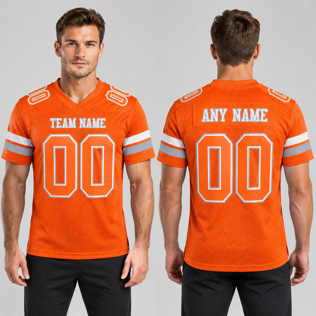Custom Orange Mesh Authentic Football Jersey with White and Gray Lettering Design 0365 worn by male model