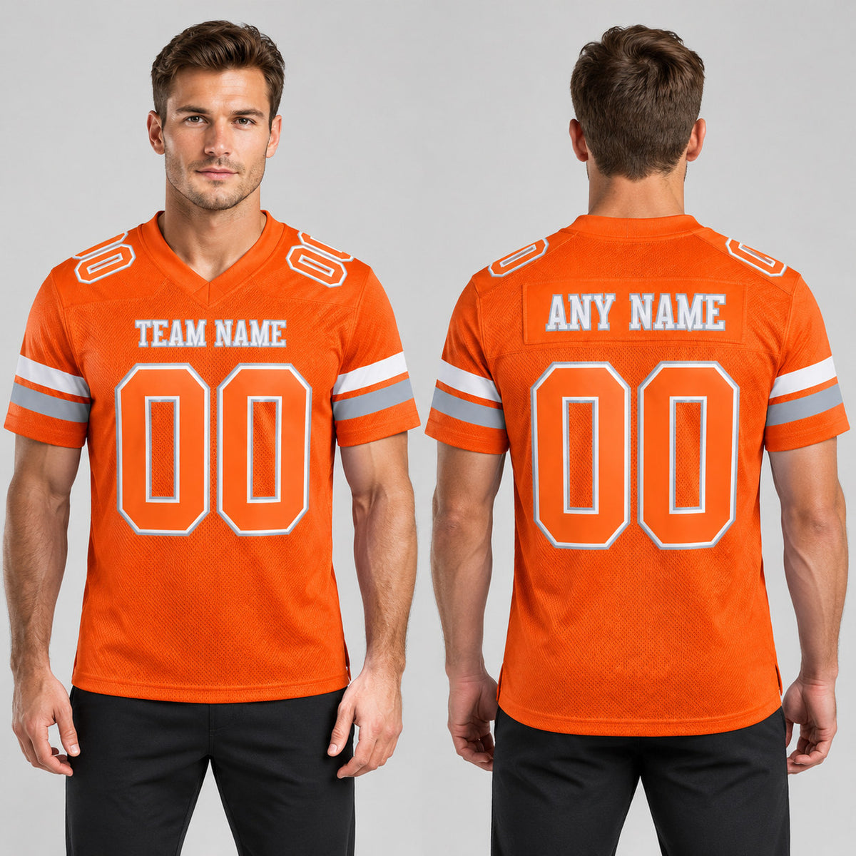 Custom Orange Mesh Authentic Football Jersey with White and Gray Lettering Design 0365 worn by male model