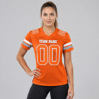 Custom Orange Mesh Authentic Football Jersey with White and Gray Lettering Design 0365 worn by female model