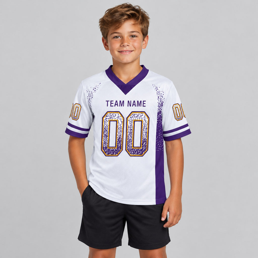 Custom White Drift Football Jersey with Purple and Gold Lettering youth size worn by child model