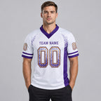 Custom White Drift Football Jersey with Purple and Gold Lettering worn by male model