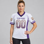 Custom White Drift Football Jersey with Purple and Gold Lettering worn by female model