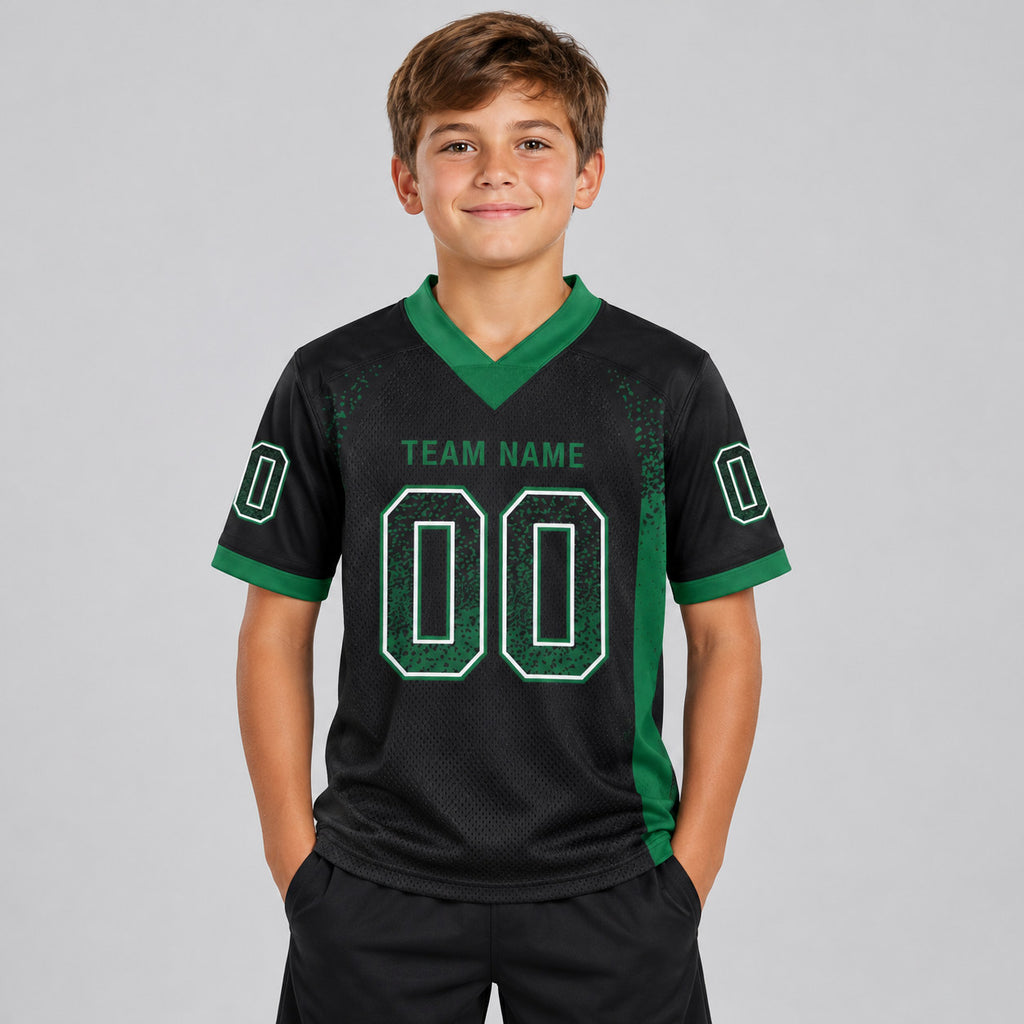 Custom Black Drift Football Jersey with Grass Green and White Lettering Design 0265 youth size worn by child model