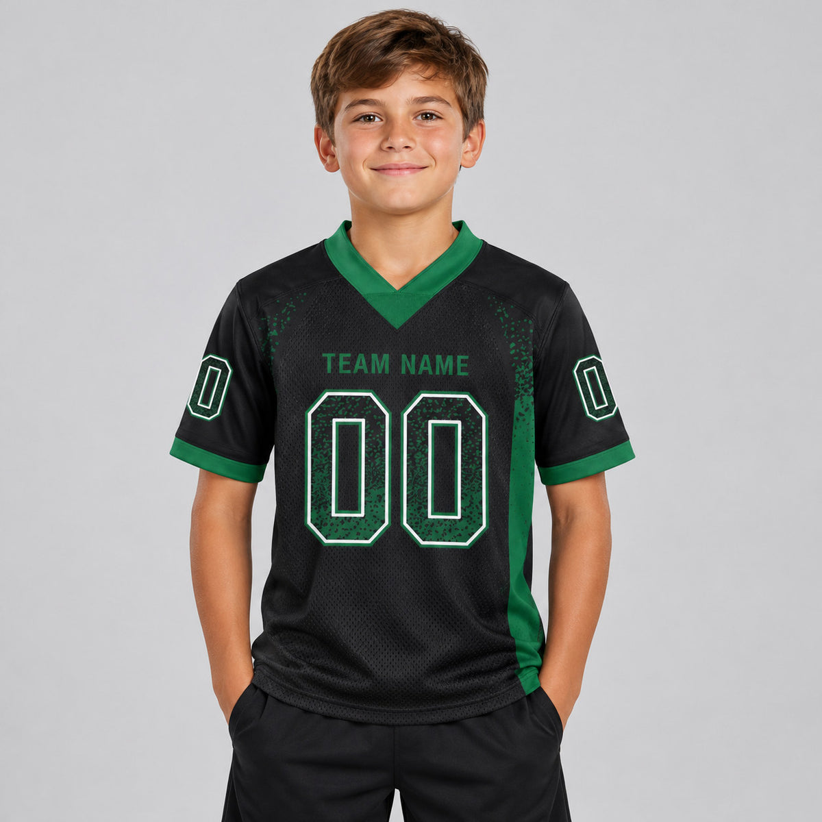 Custom Black Drift Football Jersey with Grass Green and White Lettering Design 0265 youth size worn by child model