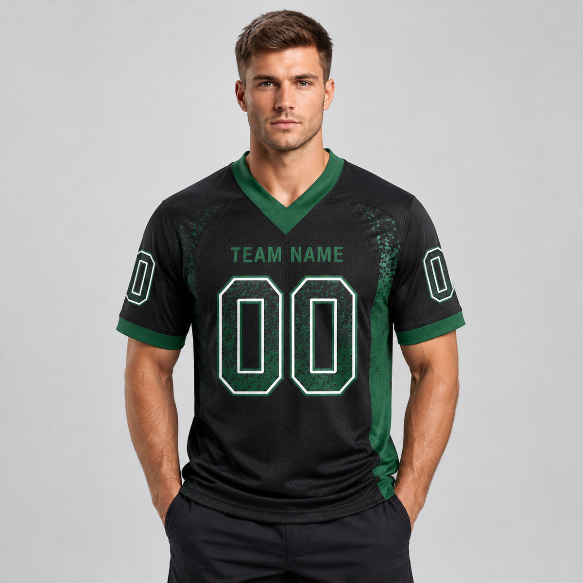 Custom Black Drift Football Jersey with Grass Green and White Lettering Design 0265 worn by male model