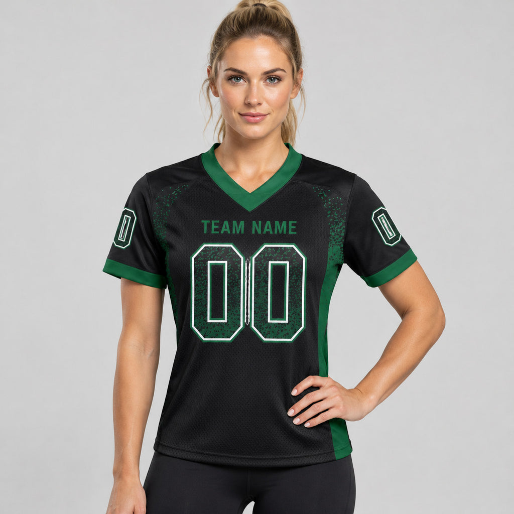 Custom Black Drift Football Jersey with Grass Green and White Lettering Design 0265 worn by female model