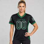 Custom Black Drift Football Jersey with Grass Green and White Lettering Design 0265 worn by female model