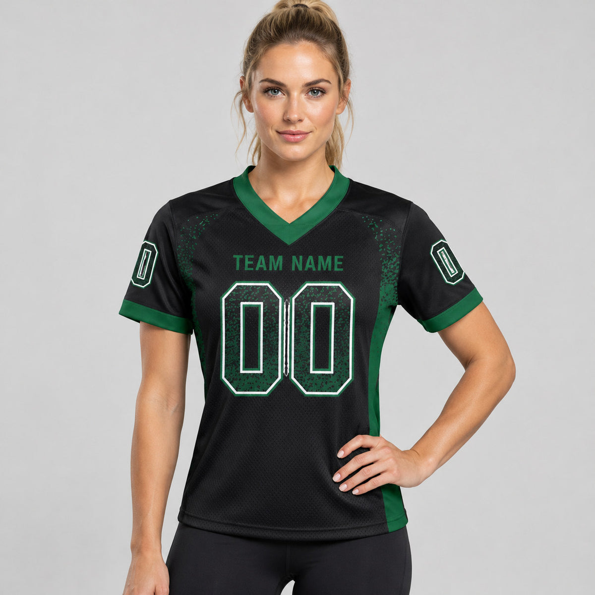 Custom Black Drift Football Jersey with Grass Green and White Lettering Design 0265 worn by female model