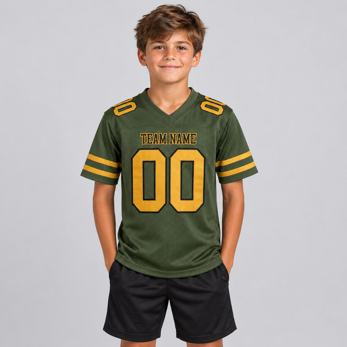 Custom Olive Salute To Service Mesh Authentic Football Jersey with Old Gold and Black Lettering Design 0138 youth size worn by child model