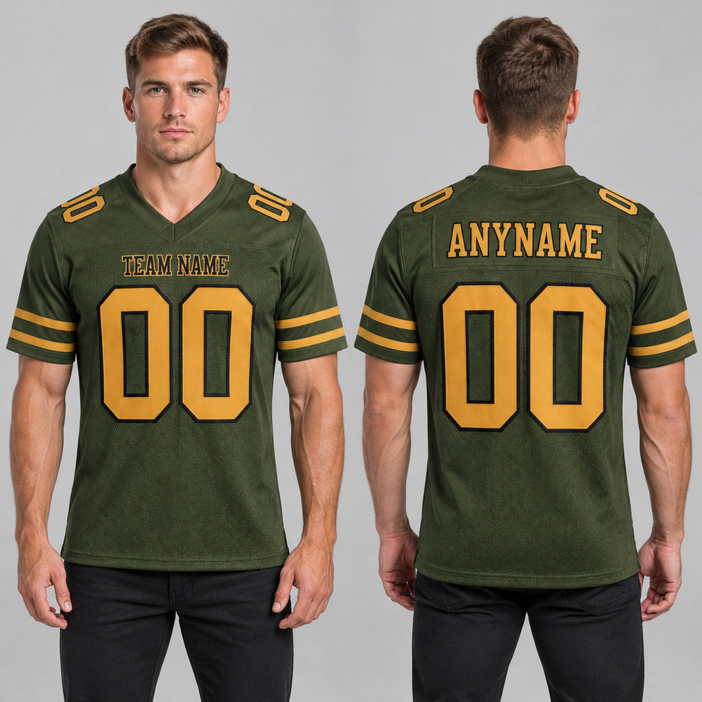Custom Olive Salute To Service Mesh Authentic Football Jersey with Old Gold and Black Lettering Design 0138 worn by male model