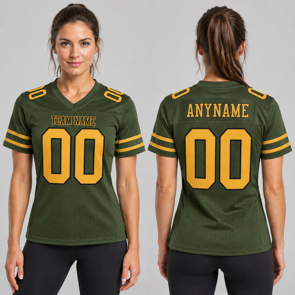 Custom Olive Salute To Service Mesh Authentic Football Jersey with Old Gold and Black Lettering Design 0138 worn by female model