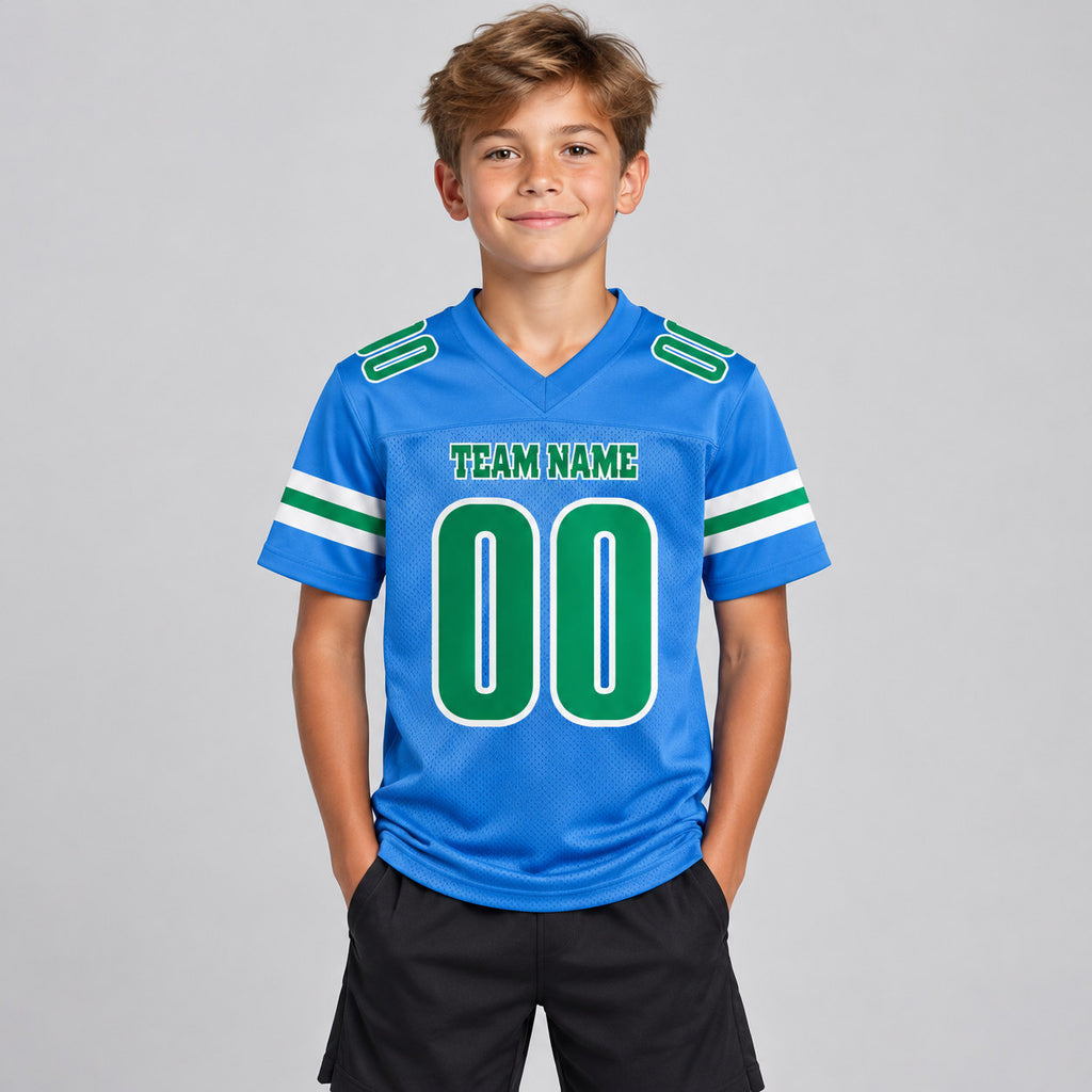 Custom Powder Blue Mesh Authentic Football Jersey with Kelly Green and White Lettering Design 0097 youth size worn by child model