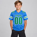Custom Powder Blue Mesh Authentic Football Jersey with Kelly Green and White Lettering Design 0097 youth size worn by child model