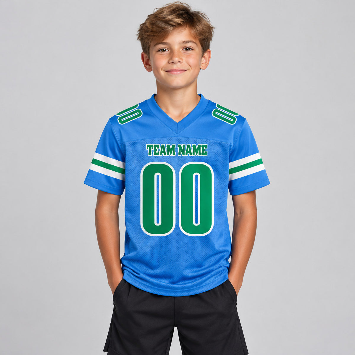 Custom Powder Blue Mesh Authentic Football Jersey with Kelly Green and White Lettering Design 0097 youth size worn by child model
