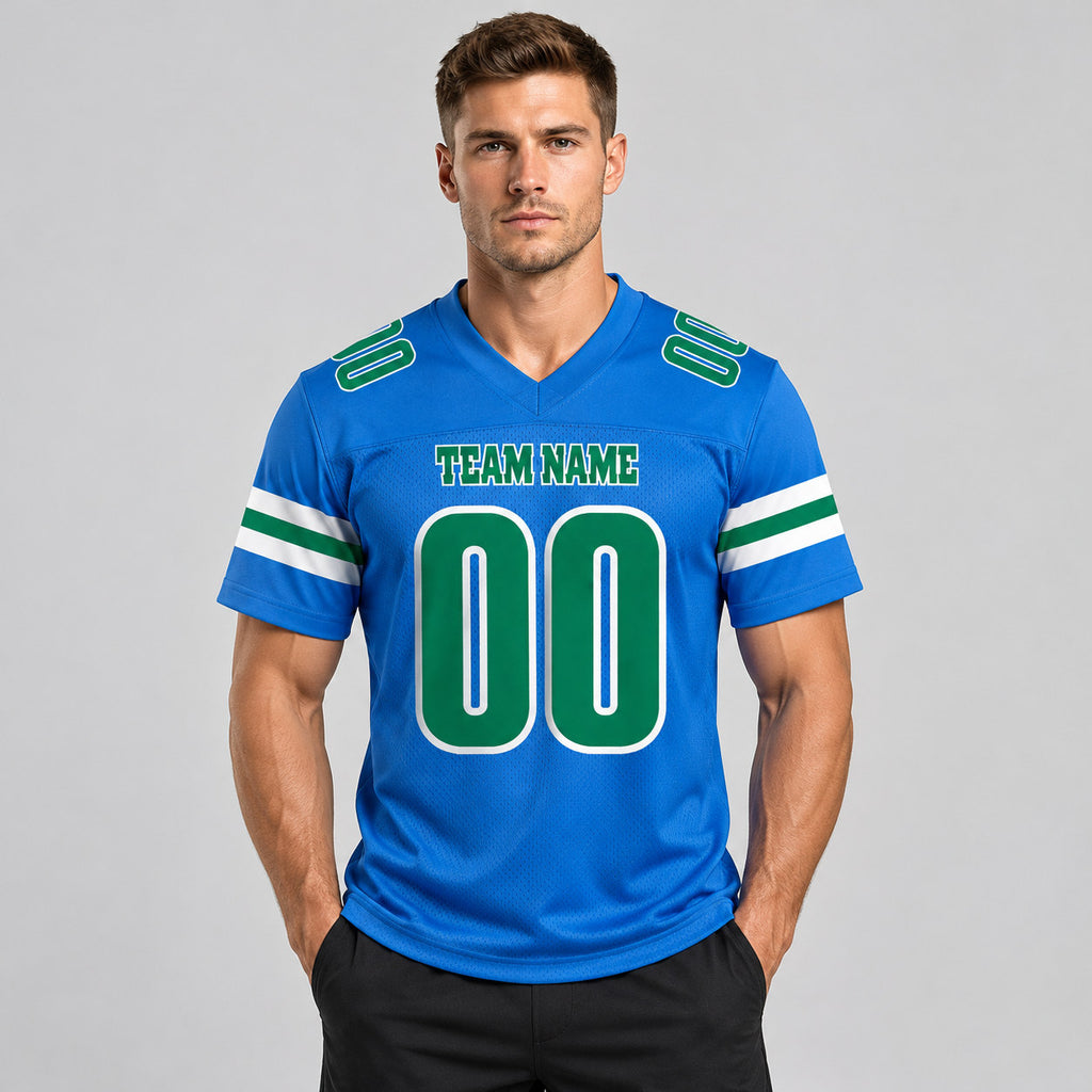 Custom Powder Blue Mesh Authentic Football Jersey with Kelly Green and White Lettering Design 0097 worn by male model