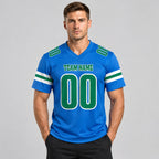 Custom Powder Blue Mesh Authentic Football Jersey with Kelly Green and White Lettering Design 0097 worn by male model