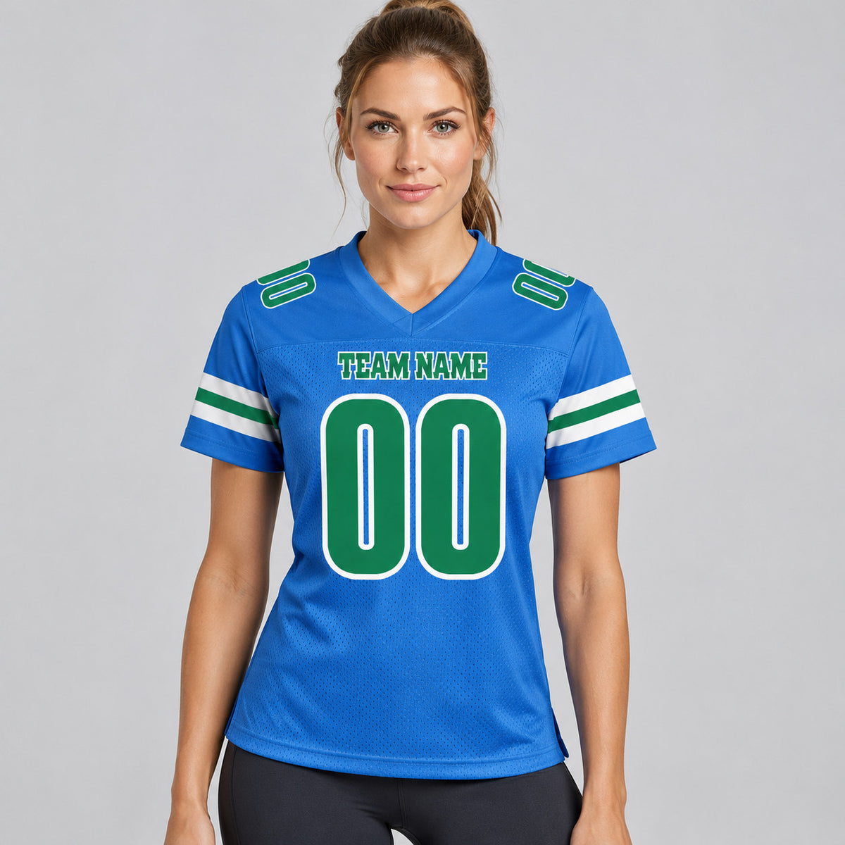 Custom Powder Blue Mesh Authentic Football Jersey with Kelly Green and White Lettering Design 0097 worn by female model